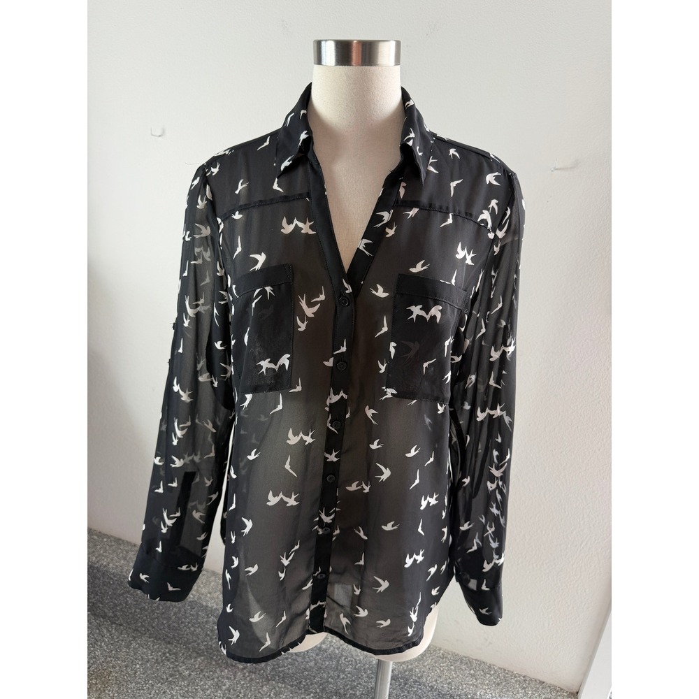 Express The Portofino Shirt Womens Large Black White Bird Print Sheer Blouse